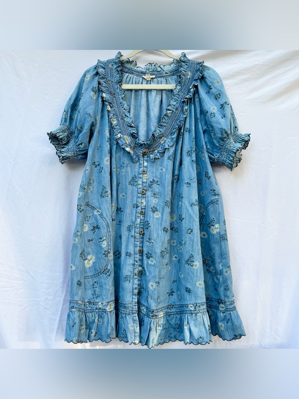 ANTHROPOLOGIE | PILCRO FLORAL PUFF SLEEVE RUFFLED V-NECK SWING MINI DRESS LARGE - Picture 3 of 8